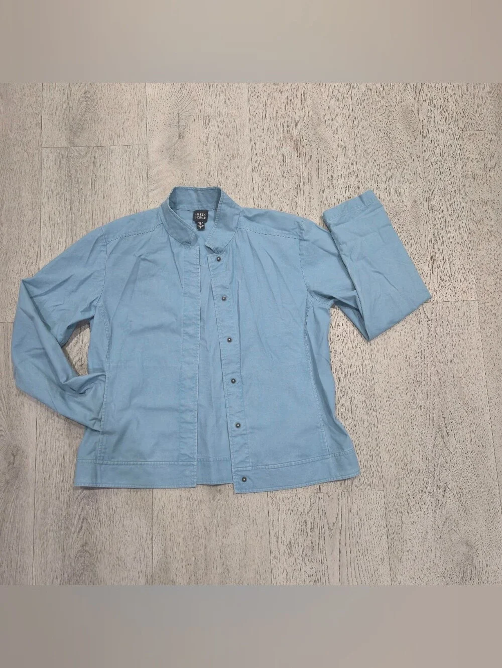Eileen Fisher 100% Cotton Light Blue Teal Jacket Stand Collar Button Front S